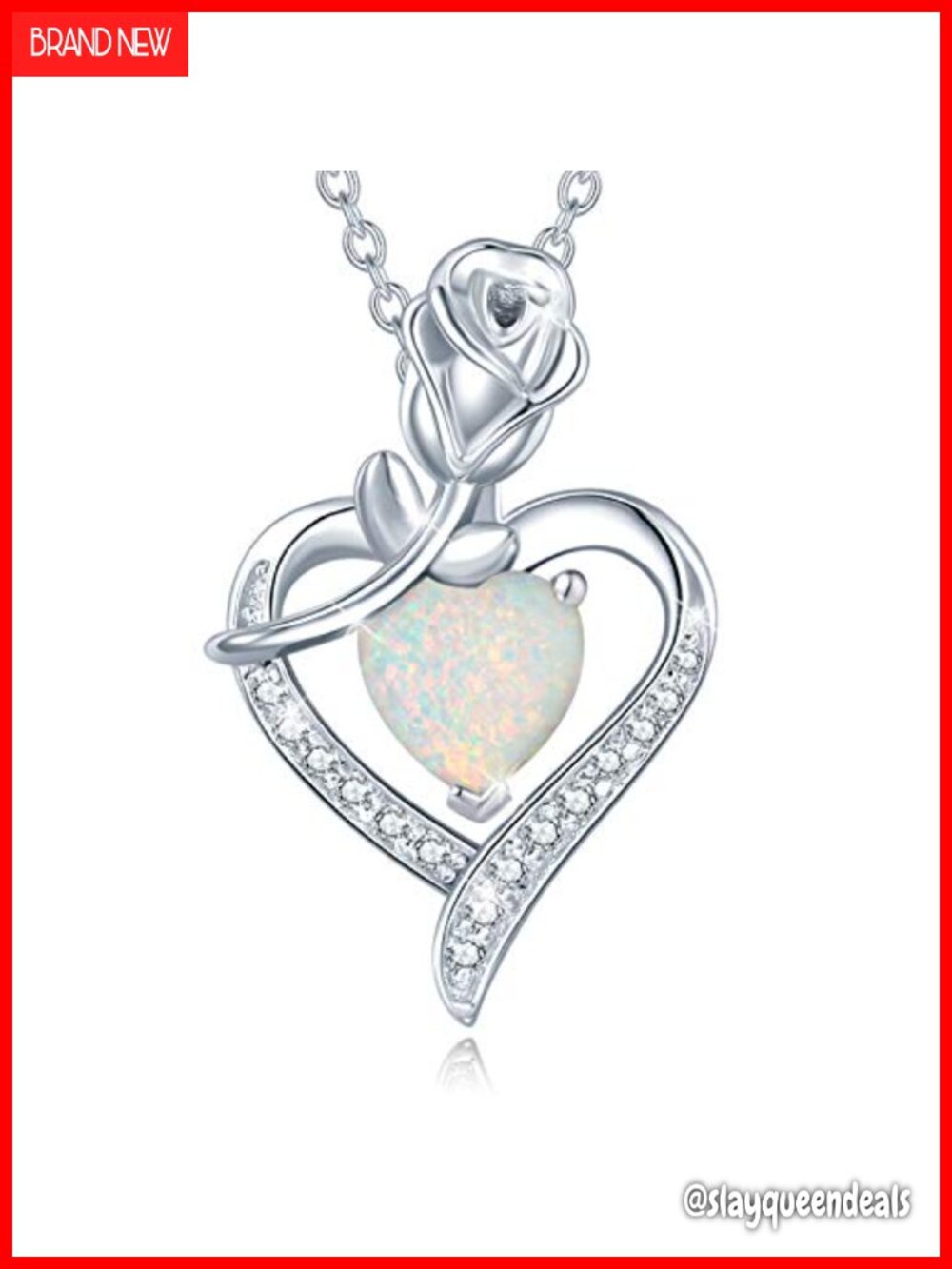 Sterling Silver Created Opal Heart Pendant Necklace Rose Flower 1 Carat